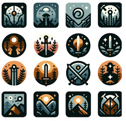 Set of  vectorized App Icons for RPG Adventure or Landscape, Medieval, mountain hiking