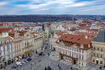Fototapeta na wymiar Aerial view of Prague skyline with orange tiled rooftops, Czech Republic
