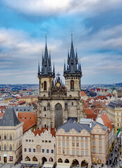 Aerial view of Prague skyline with orange tiled rooftops, Czech Republic