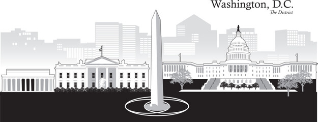 Vector illustration of the skyline and famous landmarks of Washington, D.C., USA