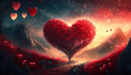 red heart bokeh background valentine day greeting card - obrazy, fototapety, plakaty