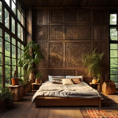 Wooden Bedroom in boho style. Bohemian interior design