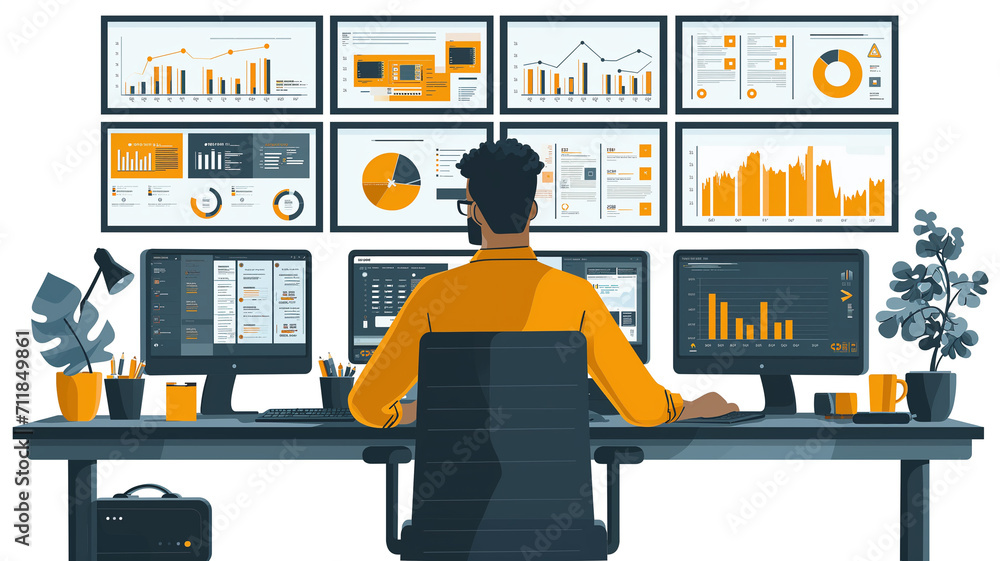 Poster businessman sitting at the desk in front of computer monitors with charts and graphs.