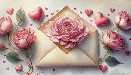 valentine s day background pink flowers envelope hearts on white background valentines day concept flat lay top view copy space