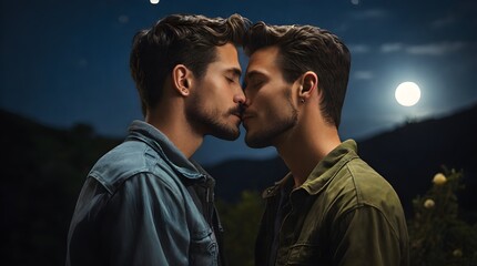 Obraz premium Two different 30-year-old men kissing and embracing each other under the moonligh