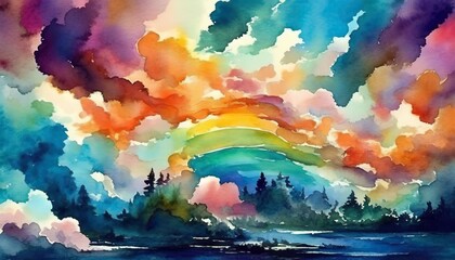 watercolor color full background watercolor background with clouds rainbow color - obrazy, fototapety, plakaty