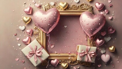 frame with pink and gold hearts foil balloons with gifts top view on pink valentines day background romantic text frame copy space