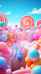 The surreal background of sweet candies is unusual and colorful. - obrazy, fototapety, plakaty