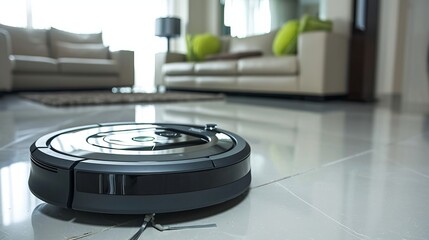 Smart home robot vacuum cleaner in modern white living room for automated and efficient cleaning.