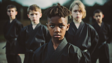 Obraz premium young, beautiful, successful multi ethical kids in karate position