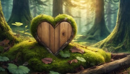 forest dig cemetery funeral background closeup of wooden heart on moss natural burial grave in the woods tree burial - obrazy, fototapety, plakaty