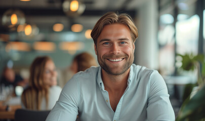 Obraz premium Portrait of handsome young man sitting in cafe and smiling at camera