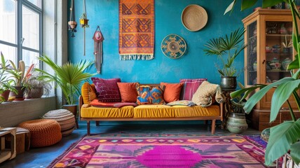 eclectic mix of patterns, textures, and vibrant colors in a boho-chic interior, reflecting a free-spirited style