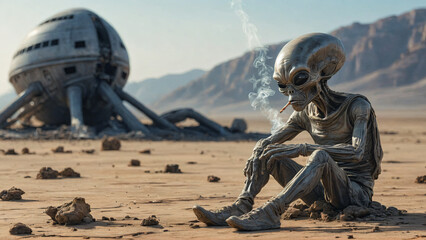 funny illustration of a sad alien smokes near to crashed alien space ship UFO on desert, generative AI