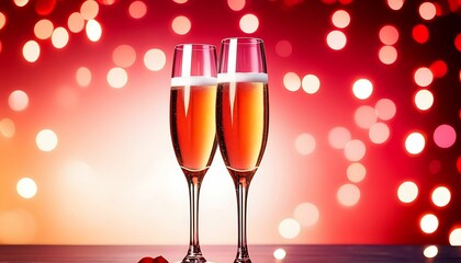 Two champagne glasses on sparkling red bokeh background. Valentine's day dinner invitation. heart, love new year holiday celebration. cover image