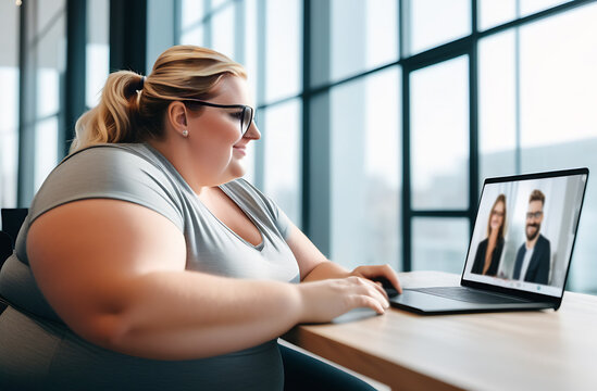 Profile of a plus size, body positive, overweight girl fat woman working and having a video call. Laptop on the table. Brainstorming, technical support, conference call, meeting, IT remote team work