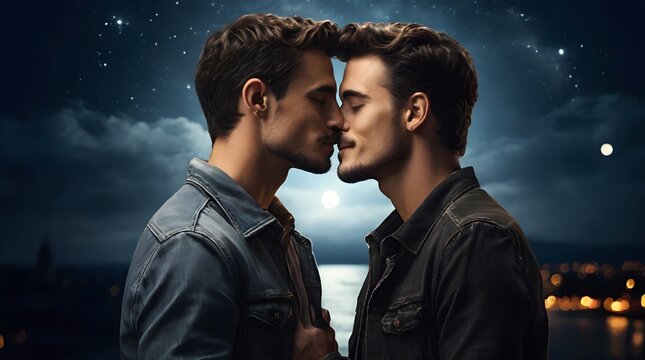 men kissing and embracing each other under the moonligh
