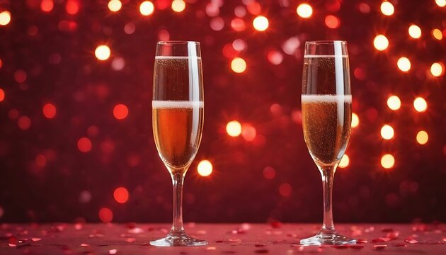 Two champagne glasses on sparkling red bokeh background. Valentine's day dinner invitation. heart, love new year holiday celebration. cover image