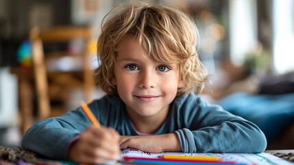 Adorable boy of elementary age drawing with pencils