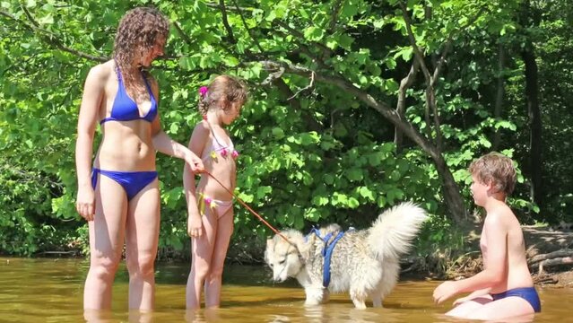 Mother and two children with dog in water of river among trees
