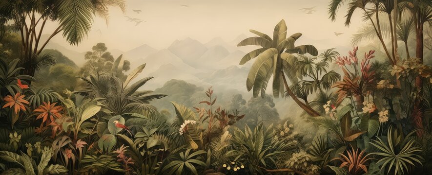 Fototapeta Painting of a jungle landscape. Watercolor pattern wallpaper.