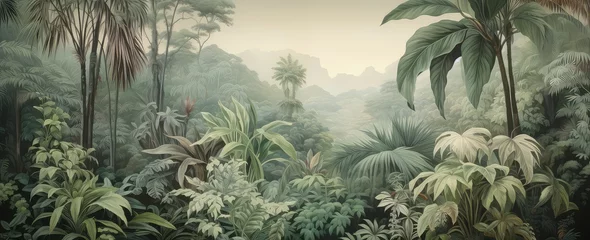 Fotobehang Painting of a jungle landscape. Watercolor pattern wallpaper. © Simon