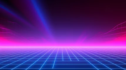 Keuken spatwand met foto 80s Retro Sci-Fi Background Futuristic Grid landscape. Digital cyber surface style of the 1980s. Double infinite grid and lights forward. Synthwave wireframe net illustration. 80s, 90s cyber grid © Prasanth