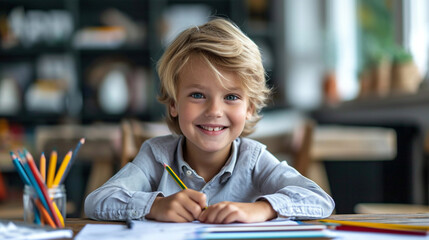Adorable boy of elementary age drawing with pencils