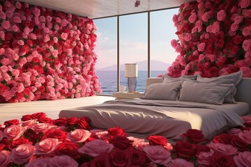 3d render of bedroom interior with pink roses flowers on the wall, Ai Generated