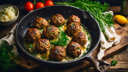 Fototapeta premium Delicious appetizing meatballs in a frying pan in the kitchen