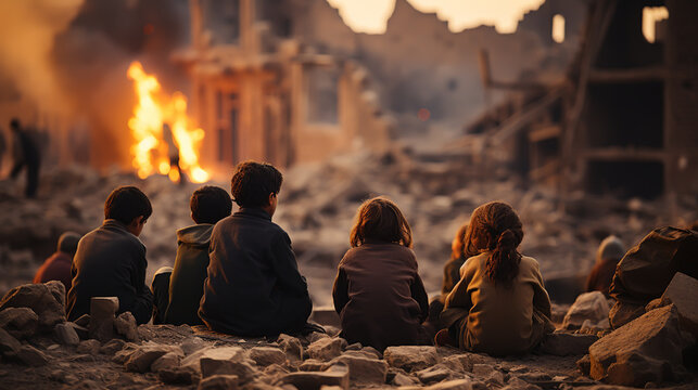 Children. Conflict concept. Burning and destroyed city by war. Concept of crisis of war creative decoration. Selective focus
