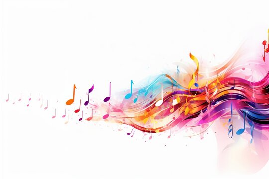 vibrant musical abstract background with flying neural network music notes on white