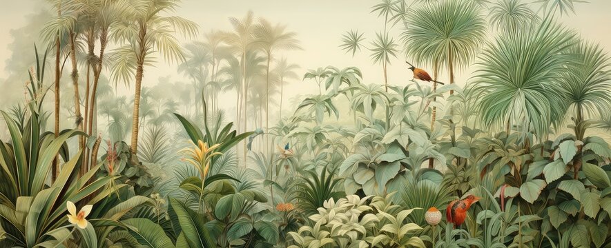 Watercolor wallpaper pattern. Jungle landscape in retro wallpaper style. © Simon