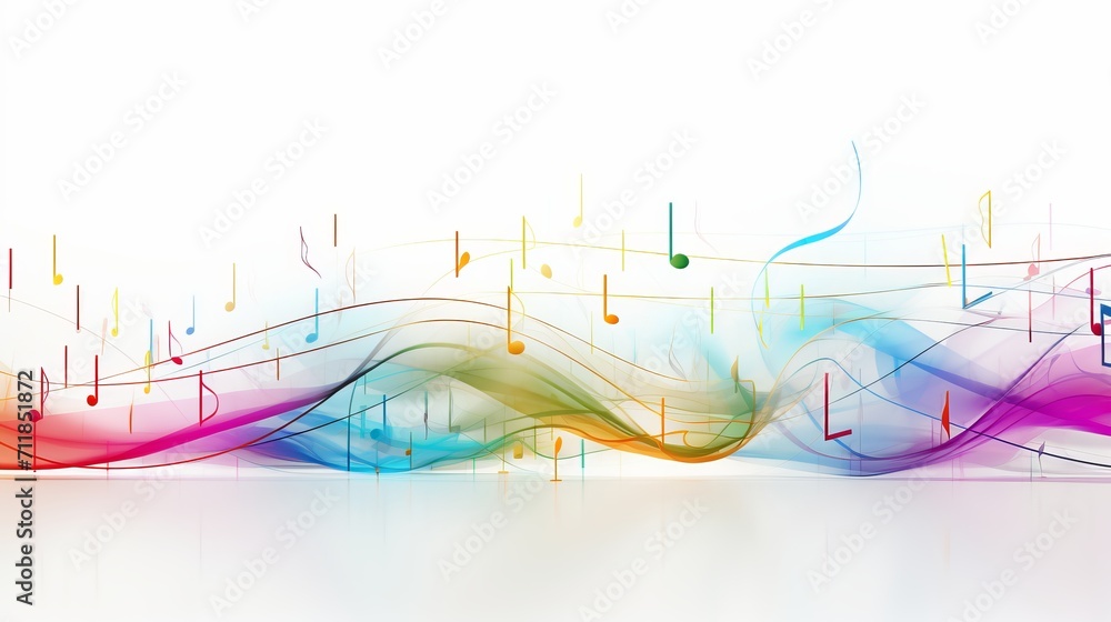 Poster multicolored abstract music background with neural network generated flying musical notes on white