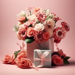 Beautiful bouquet of flowers with a gift box on a pink background, Ai Generated