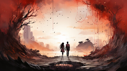 Scene of couple and heart-shape , fantasy,valentine day, romantic ,digital art, Illustration