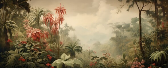 Painting of a jungle landscape. Watercolor pattern wallpaper. - obrazy, fototapety, plakaty