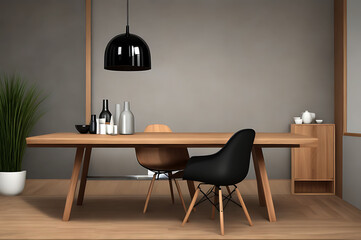 Interior design of modern kitchen room with cabinet wooden dining table and chairs. generative AI