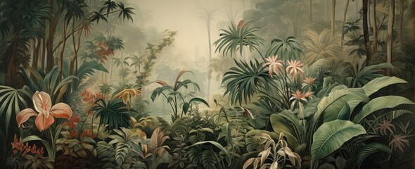 Painting of a jungle landscape. Watercolor pattern wallpaper. - obrazy, fototapety, plakaty