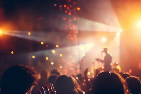 Vibrant concert stage with blurred bokeh effect and colorful lights, captivating crowd