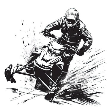 Flat illustration of an Athlete on a Snowmobile, black and white illustration. Banner, design, Trendy flat vector illustration