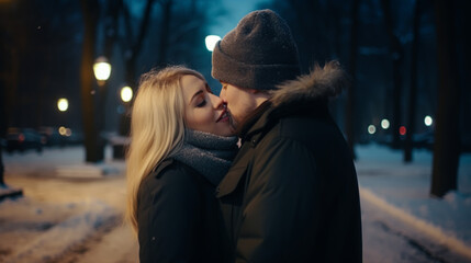 Fototapeta premium Young beautiful sensual couple outdoor portraits. Boy and girl having fun in cold weather.