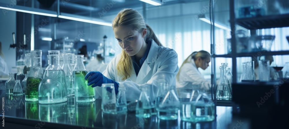 Poster female scientists with clear solution in laboratory copy space on blurred background