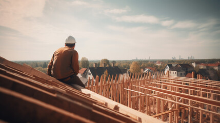worker roofer builder working on roof structure on construction site. - obrazy, fototapety, plakaty