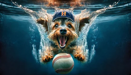 Fotobehang a dog with a baseball cap jumps into the water and tries to fetch a baseball  © Jonas Weinitschke