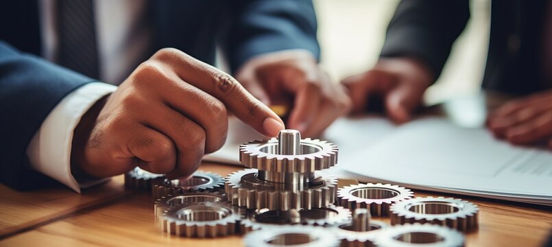 Vibrant manufacturing illustration with intricate gears and skilled workers operating adeptly