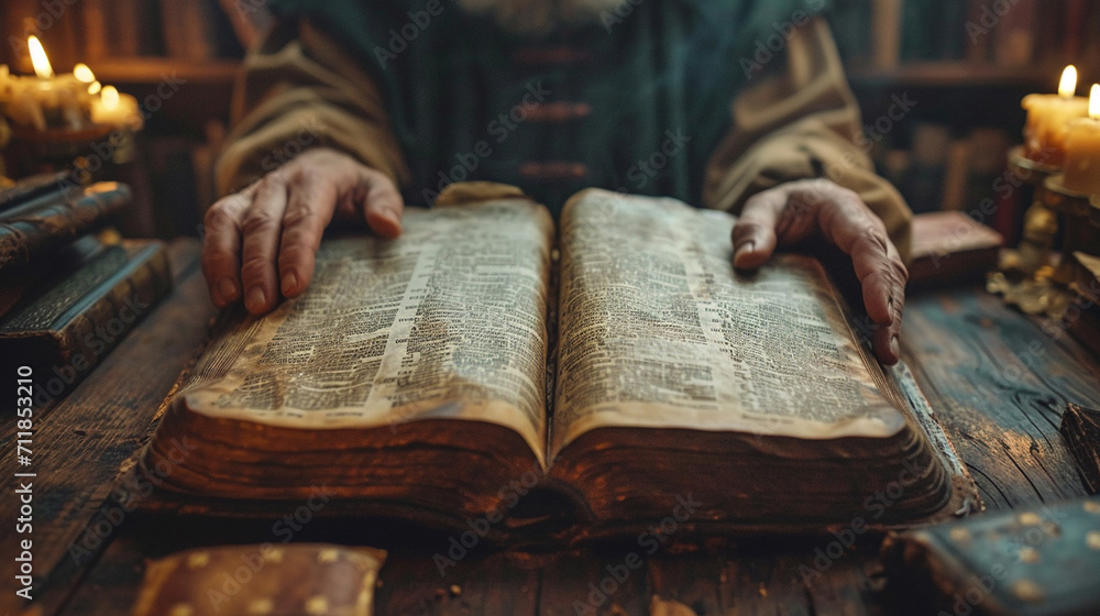 Wall mural the bible in the library, in front of the clergyman