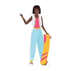 Smiling hipster black girl with skateboard. Active urban cool girl cartoon vector illustration
