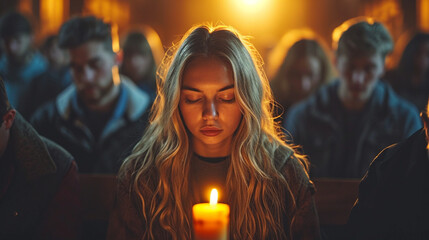 The believing girl praying in the church