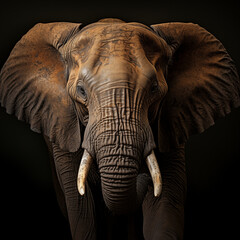 African elephant isolated on black background. Close-up of animal head.